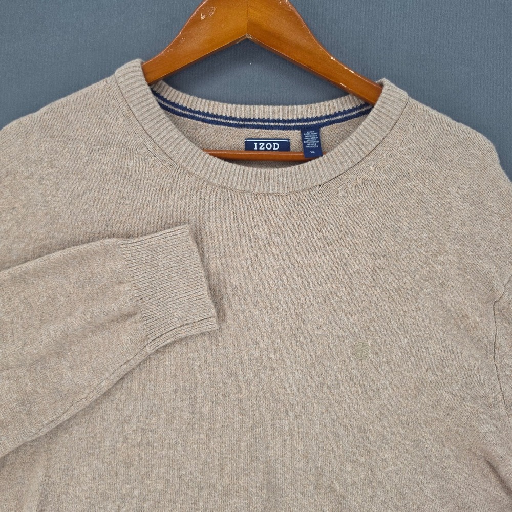 IZOD Mens XL Tan Heather Cotton Blend Crewneck Pullover Sweater Logo 0042